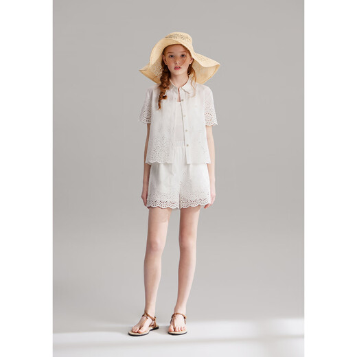 ELLE KIDS children's clothing summer new style girls French pastoral style cotton embroidered lace collar casual short-sleeved shirt top white 140