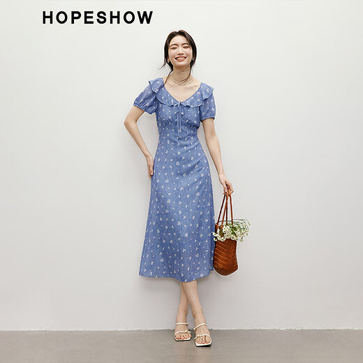 Rothülle Blumenkleid 2025 Sommer Neue Frauenkleidung vor Schulter Puff Ärmel Taille V-Ausschnitt Denim Japanischer Puppenrock Denim Blue Flower 677 XL