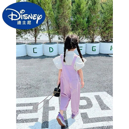 迪士尼(Disney)女童背带裤套装2025夏季新款女宝宝时髦短袖衬衫连体长裤两件套潮 白色衬衫+紫色背带裤 150 3XL 建议身高140厘米左右