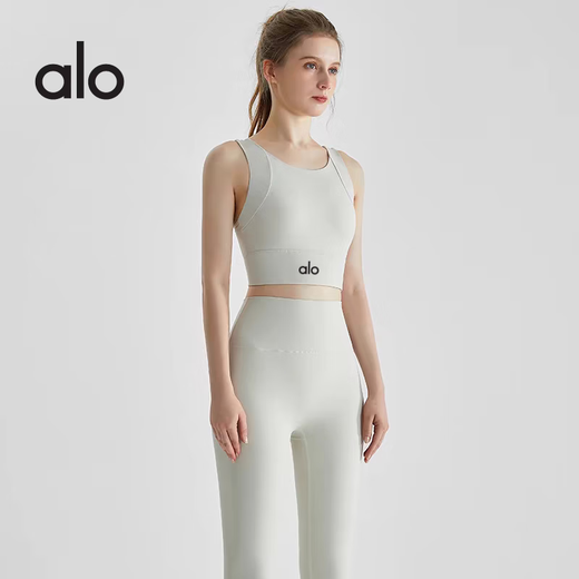 ALO YOGA fitness clothing set for women, shock-proof all-in-one vest, high-looking Pilates training sports yoga clothing, rhino gray vest + rhinoceros gray trousers M