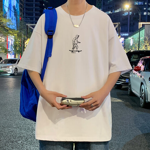 常缕竺纯棉T恤男潮牌潮流休闲宽松圆领短袖男生青少年夏季新款百搭体恤 3897白色 L 约120-140斤可穿