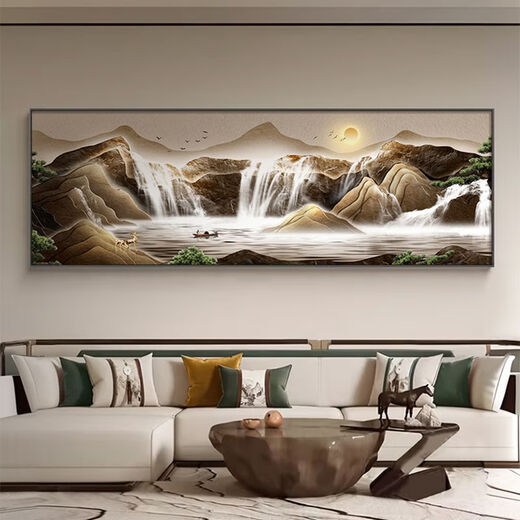 The weekend island flows water and makes money, landscape and living room decoration paintings, new Chinese sofa background wall hanging paintings, atmospheric treasure pot murals, Baojuling Mountain 18060cm*1 cm, black aluminum alloy frame + oil canvas