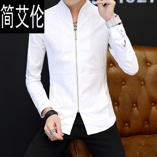 Jane Allen Camisa de manga larga para trajes para hombres de primavera y otoño, chaqueta de collar de estilo chino, camisa casual de estilo chino, ropa masculina, camisa de cuello de pie blanco 9905, XL
