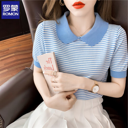 Romon striped doll collar short-sleeved T-shirt for women 2025 summer new ice silk sweater thin small age-reducing top DX691# yellow M Recommended 100-120Jin [Jin equals 0.5 kg]