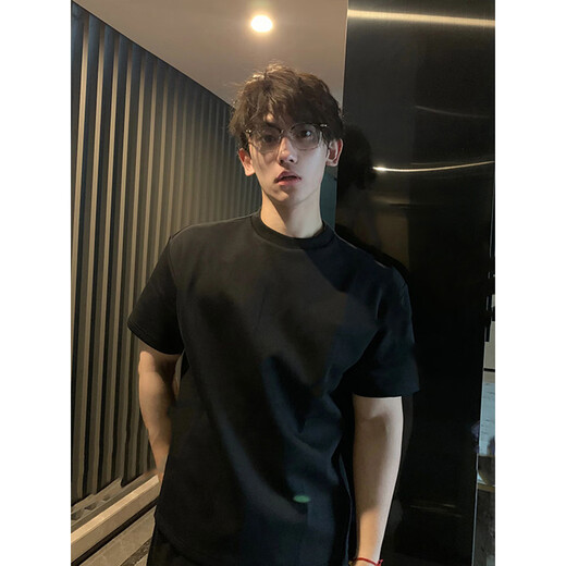 Wu Nan 280g heavy American high street black cotton short-sleeved T-shirt men's cleanfit front shoulder half-sleeved base top black XL