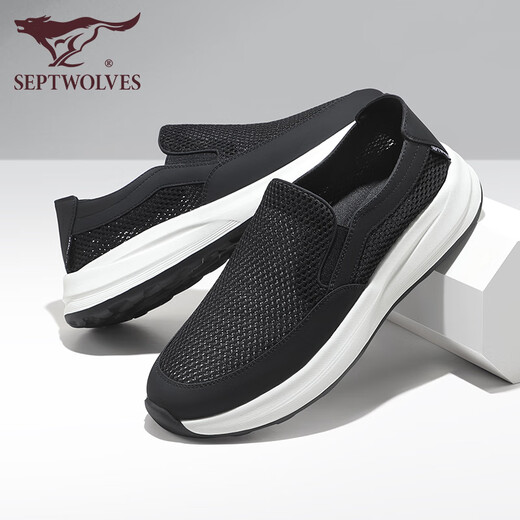 
Seven Wolves men's shoes for summer breathable mesh flying chime casual walking shoes men's 2025 new light one-foot pedal cloth shoes sports shoes black 9923 39