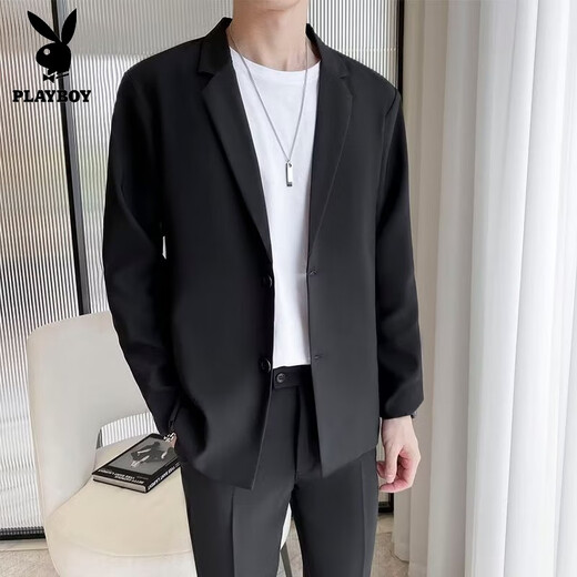 花花公子（PLAYBOY）西服套装男春季商务正装垂感百搭韩版潮流休闲小西装外套单西上衣 黑色 单件外套 L 120-135斤
