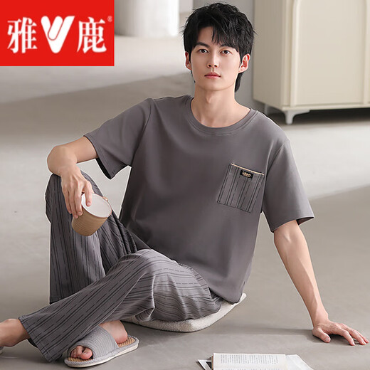 雅鹿可外穿纯棉男士睡衣男款夏季短袖大码棉男生家居服套装 G12014 XL