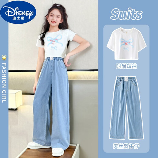迪士尼（Disney）女童夏季套装儿童2025新款夏装多巴胺大童洋气时髦短袖夏天两件套 15013蓝色+9922白色 170