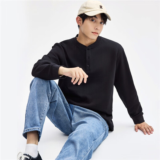 Giordano T-shirt men's casual retro style button Henry collar men's long-sleeved pullover men's 18024645 23 Green L