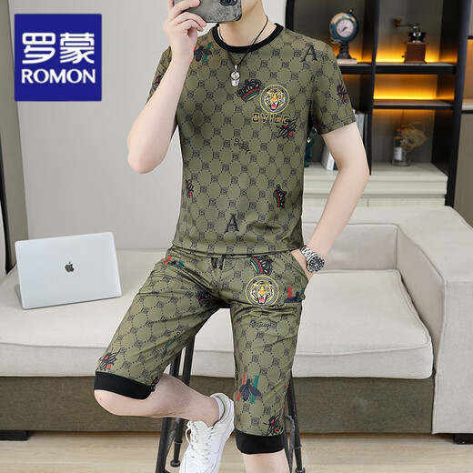 罗蒙男士冰丝七分裤夏季潮流2025新款搭配一套六分裤时尚休闲运动套装 829卡其 4XL