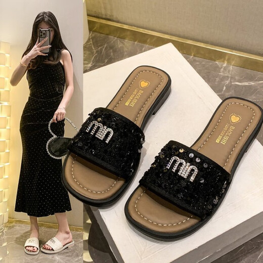 百丽踏网红平底一字拖鞋女夏季外穿2025新款法式配裙子海边沙滩凉拖 米白色 38 法式配裙子海边沙滩凉拖