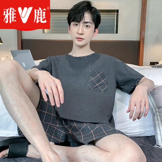 
Yalu Comfortable Pajamas Men's Summer Pure Cotton Thin Summer Youth Can Wear Short Sleeve Pants Full Cotton Home Clothing Set HDE-9928 L