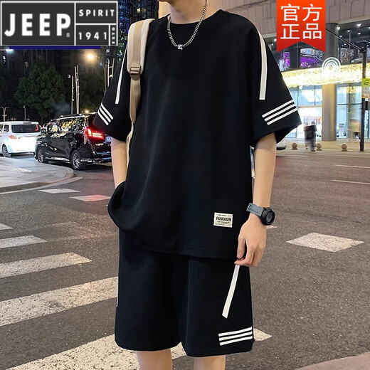JEEP SPIRIT2025 new sports suit men's summer thin loose ice silk short-sleeved T-shirt men's shorts paired with two-piece set FKS653 white suit M about 90-110Jin [Jin equals 0.5 kg] can be worn