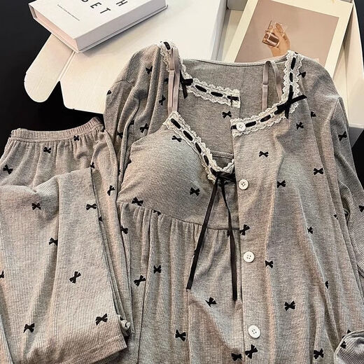 FHHUABD带棉垫睡衣女春秋季莫代尔保暖长袖灰色吊带蝴蝶结家居服三件套装 6621#.杏色 -莫代尔三件套 XL 建议120-135斤
