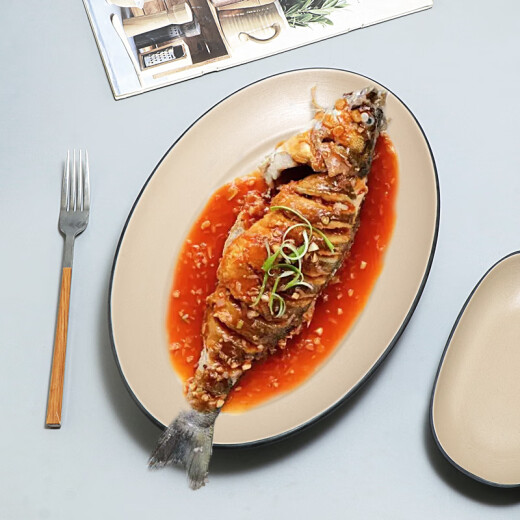 TMJD MISS椭圆形小菜塑料碟 密胺日式复古烤肉寿司盘子仿瓷椭圆形鱼盘塑料 浅咖CZP-14088