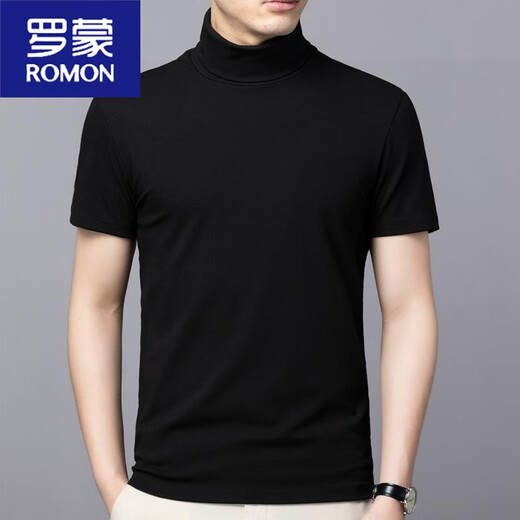 ROMON high collar short-sleeved men's T-shirt slim new men's bottoming shirt solid color summer thin lapel half-sleeved trendy black XL suitable (100-130Jin Jin equals 0.5 kg)
