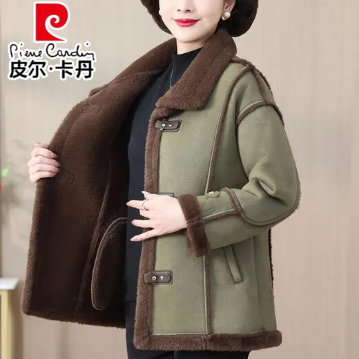皮尔卡丹（pierre cardin）妈妈冬装加绒加厚皮毛一体短款外套女中老年女装羊羔鹿皮绒机车服 咖色 XL 建议90-110斤