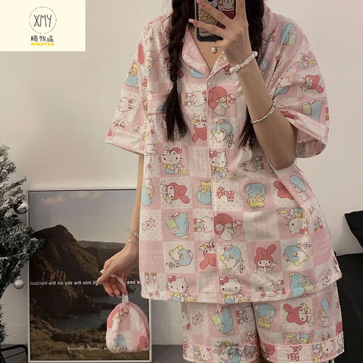 Ximuyao Sanrio lindo Katie Cat Pajamas para mujeres en verano Nuevos pantalones de manga corta ropa para el hogar estudiantil traje de tres piezas Juego de ropa exterior WZL-1484 [traje de manga corta que incluye pantalones] M tamaño [recomendado 80-100Jin [Jin equivale a 0.5 kg]]]