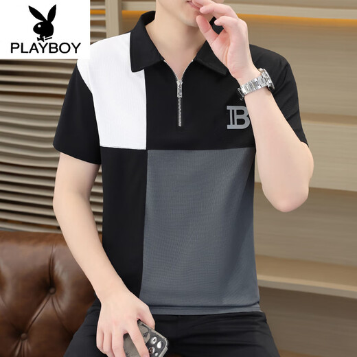 花花公子（PLAYBOY）男新款拼色潮流半拉链短袖t恤上衣夏季休闲英伦风冰丝高级半袖Pol 829白色 M 100斤内