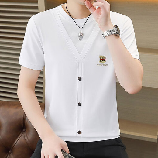 Woodpecker (TUCANO) design short-sleeved T-shirt men's 2025 summer new light luxury cotton base shirt fake two-piece round neck top 6626 white 2XL 135-150Jin [Jin equals 0.5 kg]