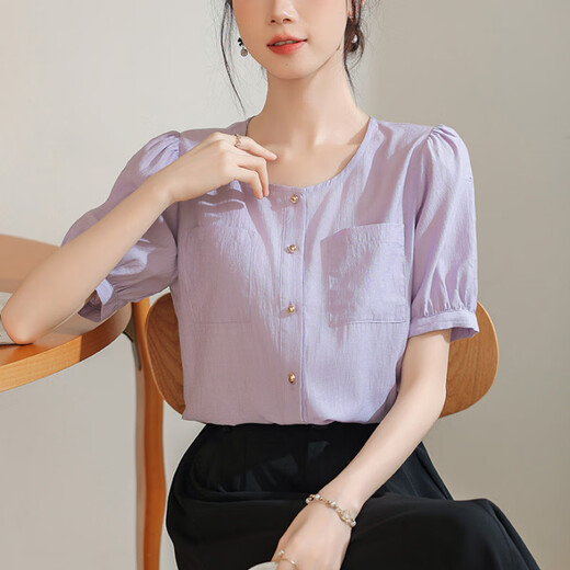皮尔卡丹（pierre cardin）法式气质圆领短袖衬衫女2025夏季新款简约百搭衬衣设计感小众上衣 3294米白质量 S 建议95斤以内