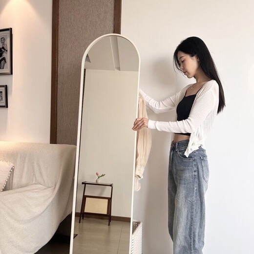 华莱德奶油风全身镜旋转穿衣镜试衣镜移动落地式挂衣架落地镜一体衣帽架 洣白色+防爆镜子