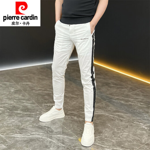 皮尔卡丹（pierre cardin）速干裤子男士夏季薄款透气运动休闲裤潮流条纹拼色修身束脚哈伦裤 白色 28 (80-95斤)