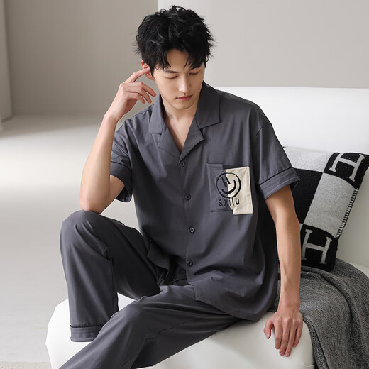 浪莎条纹睡衣男夏季纯棉短袖长裤高级感休闲宽松开衫家居服套装可外穿 848男 L