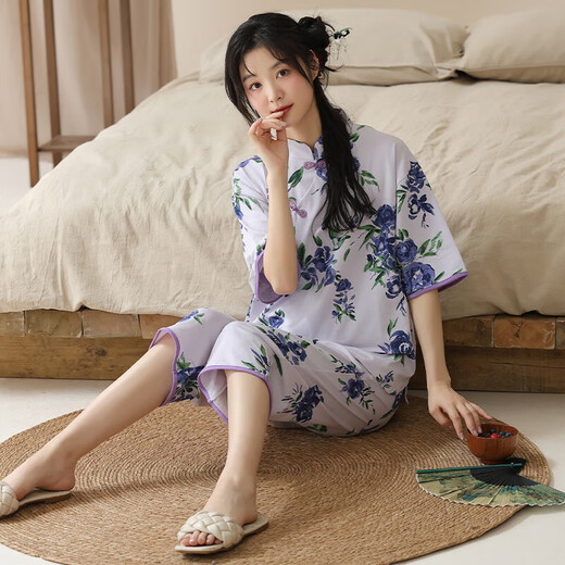 2025年新款睡衣女夏天短袖套装国风针织棉七分裤休闲家居服可外穿 9902 M 【80-100斤】