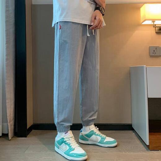 A21funb棉麻裤男卡其色九分裤宽松休闲裤亚麻束脚运动裤夏季薄款男款裤子 卡其色-不起球 XL 120-135斤