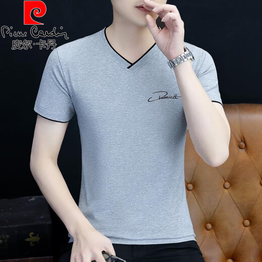 
Pierre cardin v-neck short-sleeved T-shirt for men's spring and summer pure cotton half-sleeved base shirt simple slim and versatile thin chicken collar top D7029 white M 80-100Jin [Jin equals 0.5 kg]