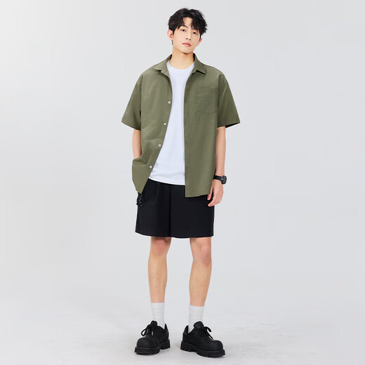 
Miniso (MINISO) shirt men's ice silk breathable Cuban collar shirt summer loose trend simple letter short sleeve military green L
