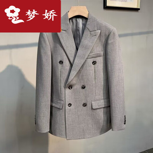 梦娇双排扣休闲西装外套男春秋高级英伦商务单西潮流修身男士西服套装 X829双排扣西装_大气黑 2XL_[高品质]