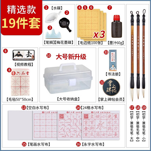 Liupintang brush calligraphy starter set for beginners, four treasures of the study, beginners, adults, brush calligraphy copybook, calligraphy practice paper, water writing cloth, primary school students, children's pen, ink, paper and inkstone, 19-piece set, high cost performance, large storage box