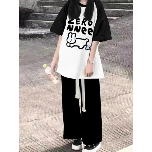 HUALIN FASHION高中初中生短袖套装时尚休闲两件套1315岁女孩夏季广州十三行 [两件套]8242#黑白短袖+黑长裤 S [建议80-90斤]