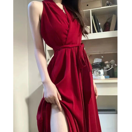 
Geshihui red dress for women in summer new suspender skirt halter skirt seaside vacation style pure hot girl mid-length skirt red halter dress M