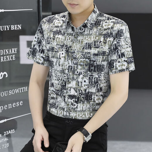 罗蒙夏季新款港风时尚潮流男士数码短袖衬衫印花薄款衬衣小众上衣 7029黑色 M  95-110斤