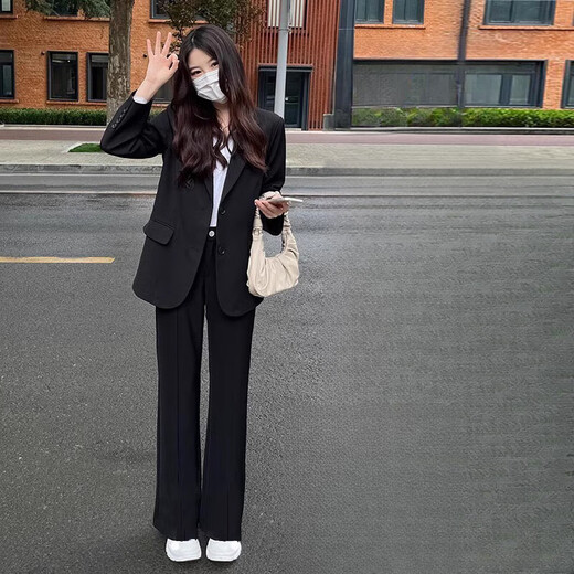 MUYIMING Spring and Autumn New Teaching Work Clothes Formal Defense Interview 2026 Loose Black Suit Suit Business Wear Black Suit + White Shirt + Trousers + Tie (Four-piece Set) S
