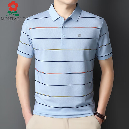 MONTAGUT Summer Mulberry Silk Short-Sleeve T-Shirt Men's Middle-aged Daddy's Striped Lapel Half-Sleeve Polo Shirt 723 Royal Blue M 165 [Suggested 100-115 Jin [Jin equals 0.5 kg]]