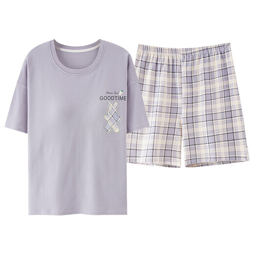 Pajama de manga corta a cuadros de verano Juego de pijamas para el hogar algodón de algodón de gran tamaño MM200Jin [Jin equivale a 0.5 kg] se puede usar afuera en el verano de la versión coreana KNC3519 m (recomendado 80-95Jin [Jin iguala 0.5 kg])