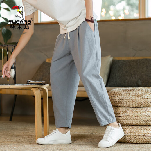 Holzspecker (Tucano) Leinengeschnittene Hosen Herren Sommer Dünne Freizeithosen Chinesische Baumwolle und Leinenhosen gerade loses, verjüngter Hosen 9-Punkte-Hose Black XL 126-135jin [Jin gleich 0,5 kg]