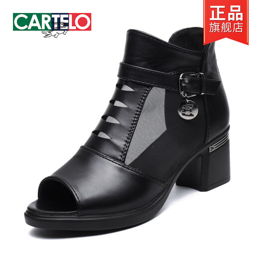 CARTELO 2025 spring and summer new genuine leather middle-aged thick heel fish mouth shoes for women mesh breathable hollow sandals high heel sandals mesh boots black fine mesh 36