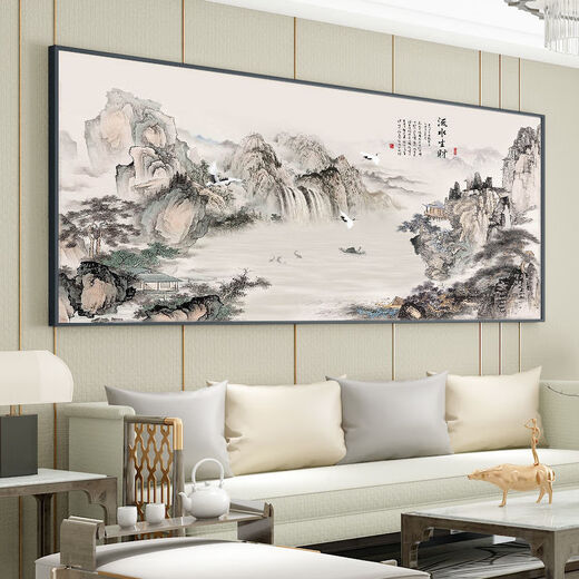 新中式客厅沙发背景墙壁画3D立体装饰画办公室山水国画风景挂画 CT-3887-背有靠山 300*120亮面晶瓷黑色铝框