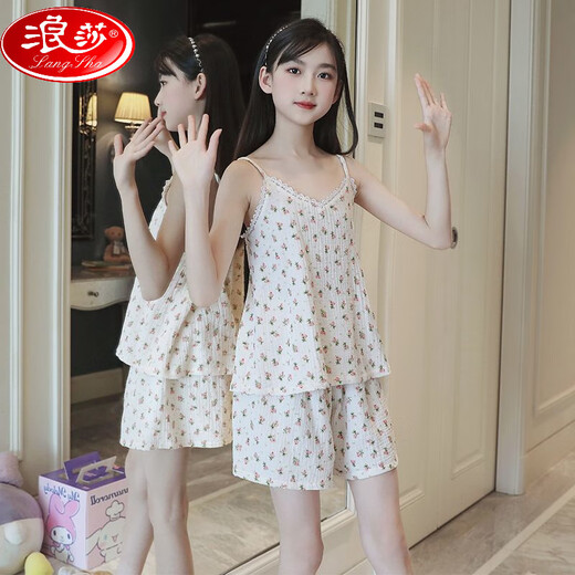 LangSha (LangSha) girls pajamas, parent-child mother-daughter suspender vest shorts suit summer thin cotton gauze big boy girl princess [pure cotton gauze] LD11303# Xingcuihua M [suggested height 150-160cm]