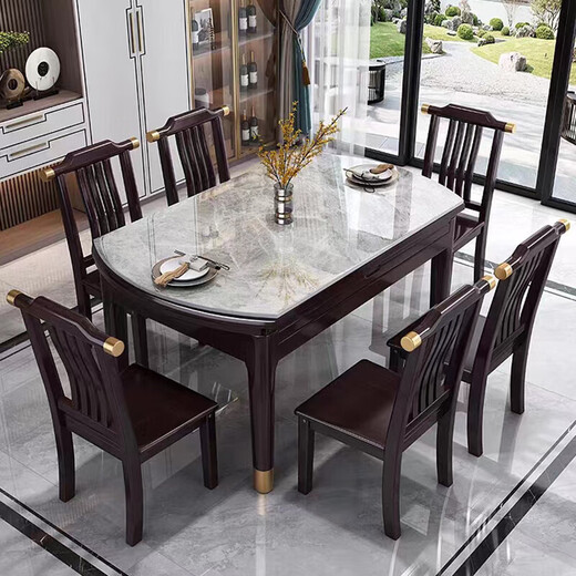 
Youkaji new Chinese rock slab solid wood dining table retractable square and radius dual-purpose dining table MW-681# 1.5m+6 chairs
