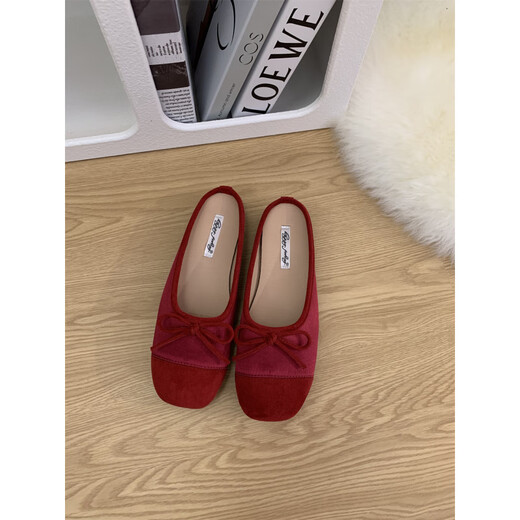 S.Sofea Red French Bow Flat Sole chaussures simples pour les chaussures de ballet à semelle douce d'été pour femmes J683-11 Suede plate Sole est plus petite en taille rouge 39