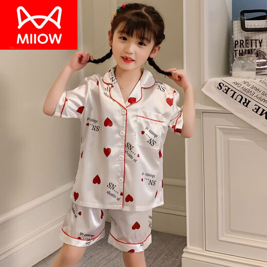 猫人（MiiOW）儿童睡衣女童夏季薄款冰蚕丝短袖中大童女孩宝宝亲子家居服套 1047小熊 短.袖短.裤 M 14码 123-133C 50斤左右