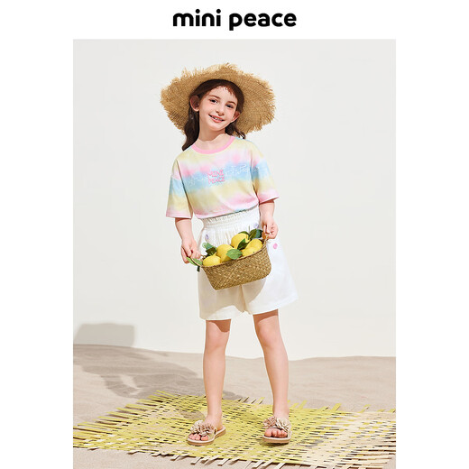 MiniPeace cool and antibacterial PEACEBIRD children's clothing mid-length girls short-sleeved T-shirt rainbow summer top trendy pink gauze purple 160