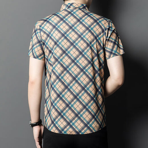 PIERRE CARDIN Middle-aged Dad Contrast Color Plaid Short Sleeve Shirt Men's Trendy Plaid Shirt Casual Half Sleeve Inch Shirt Top 9902 Striped Short Sleeve Yellow Single Size 165/84A Recommended 95-120Jin [Jin equals 0.5 kg]